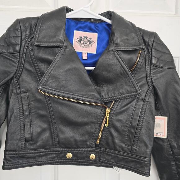 Juicy Couture Lamb Leather Motorcycle Jacket Girls 4/5 Black Biker Y2K Winter - Picture 3 of 10
